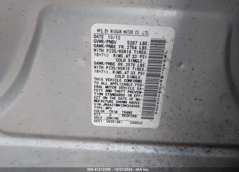 2013 NISSAN MURANO SV VIN: JN8AZ1MW1DW304086