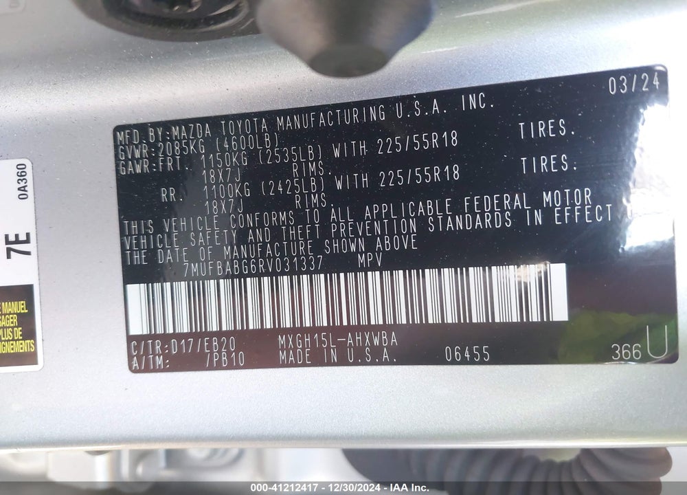 2024 TOYOTA COROLLA CROSS HYBRID XSE VIN: 7MUFBABG6RV031337