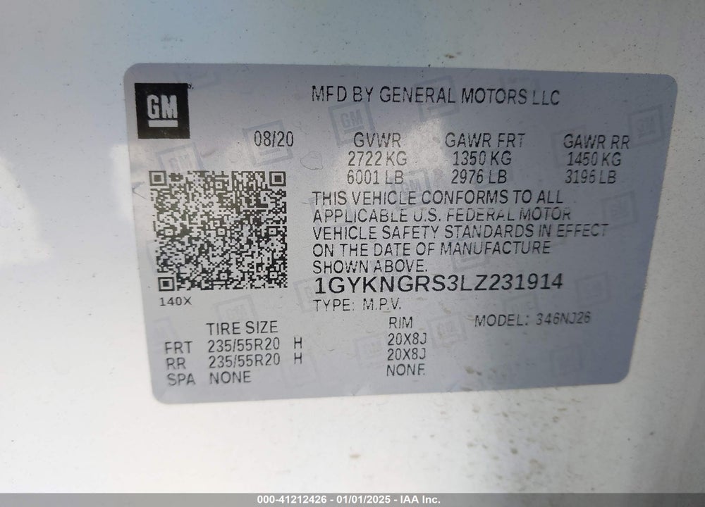 2020 CADILLAC XT5 AWD SPORT VIN: 1GYKNGRS3LZ231914