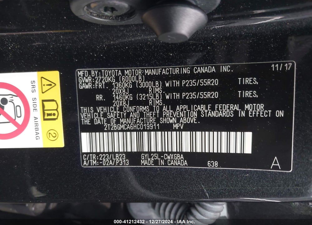 2017 LEXUS RX 450H VIN: 2T2BGMCA6HC019911