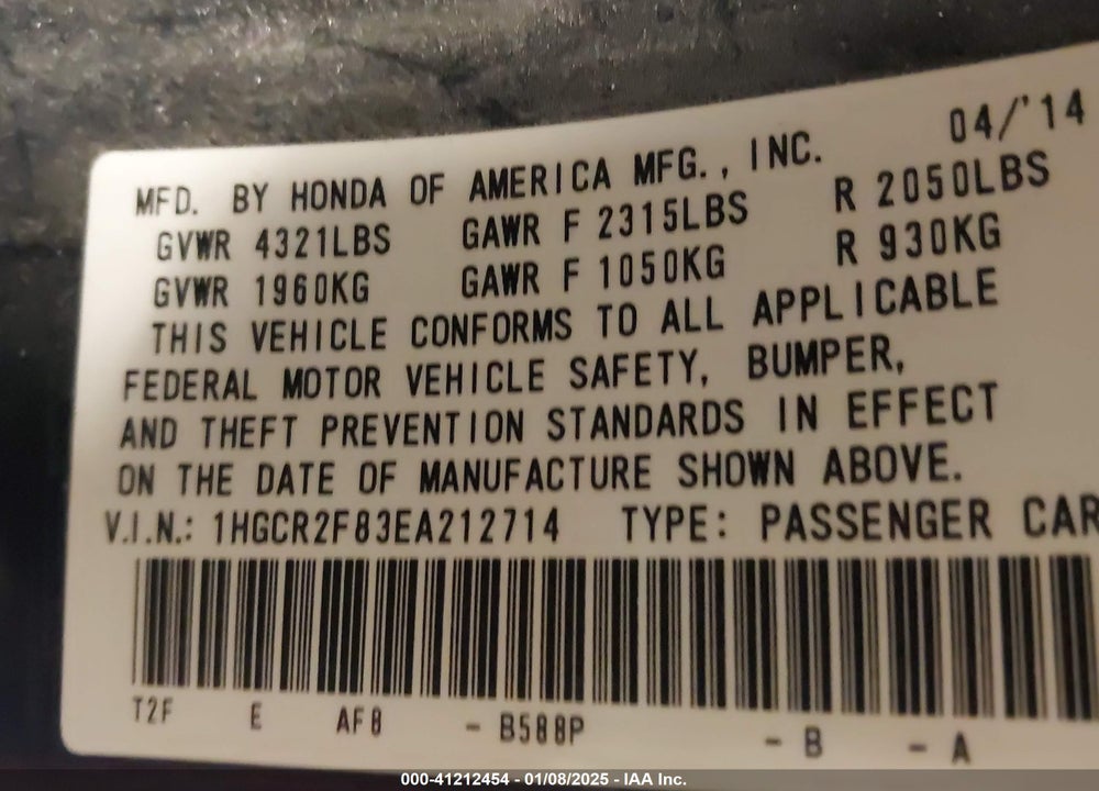 2014 HONDA ACCORD VIN: 1HGCR2F83EA212714