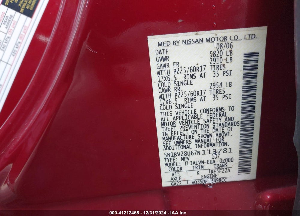 2007 NISSAN QUEST 3.5 SE VIN: 5N1BV28U67N113781