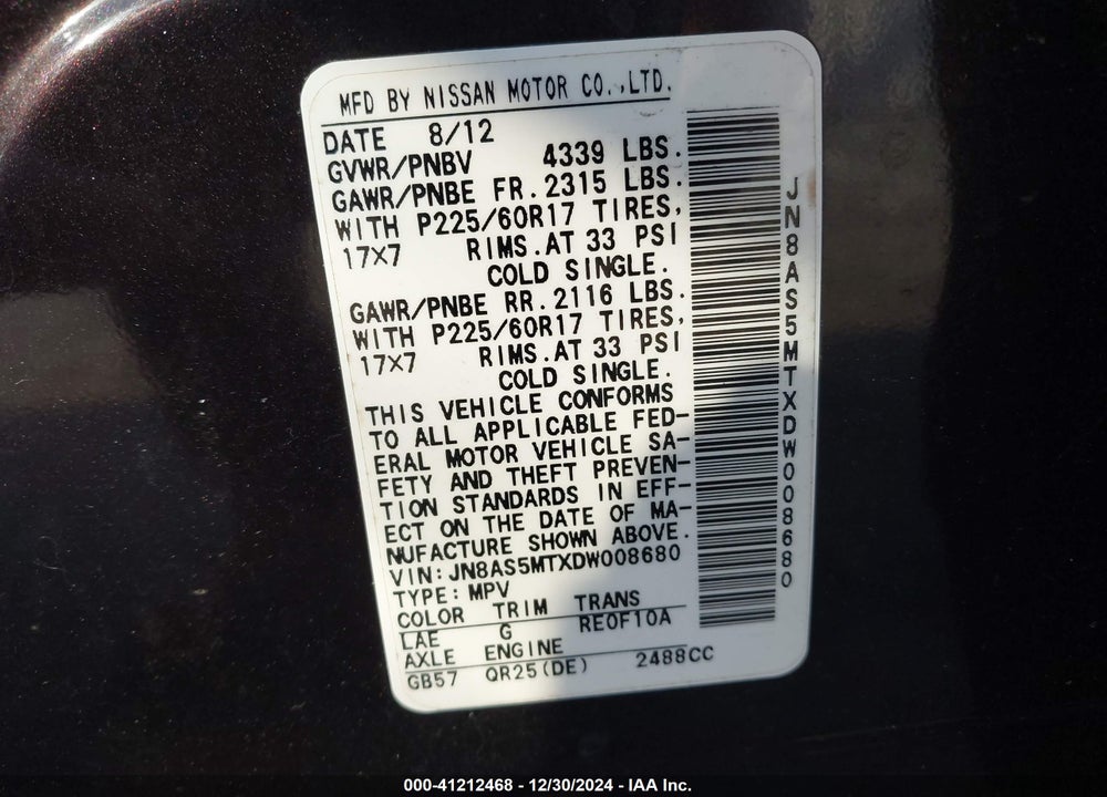 2013 NISSAN ROGUE SV VIN: JN8AS5MTXDW008680