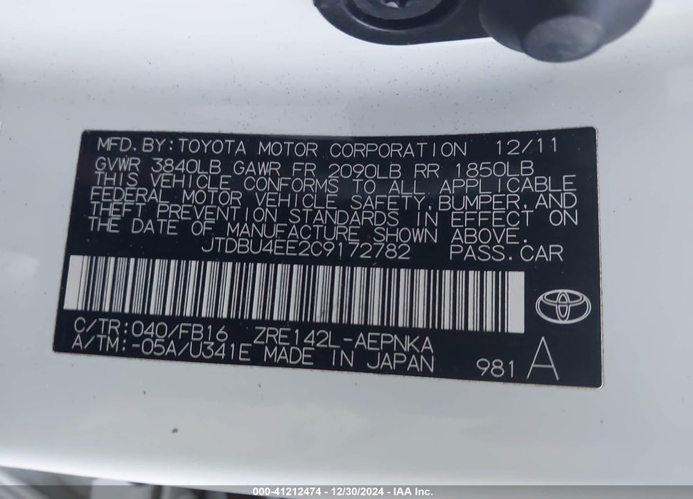 2012 TOYOTA COROLLA VIN: JTDBU4EE2C9172782