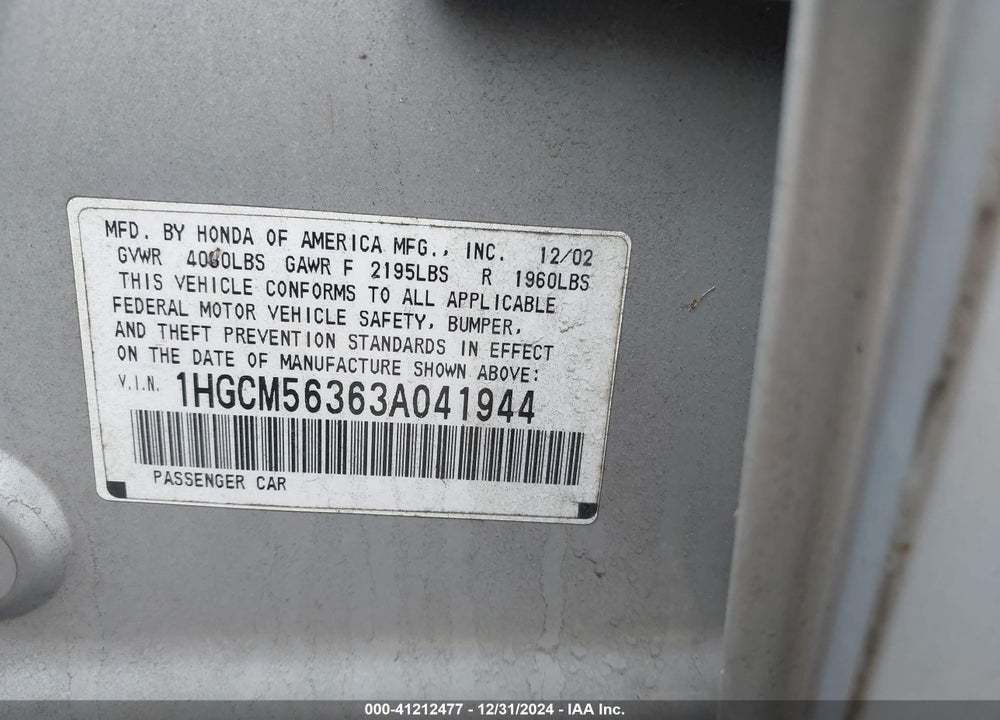 2003 HONDA ACCORD 2.4 LX VIN: 1HGCM56363A041944