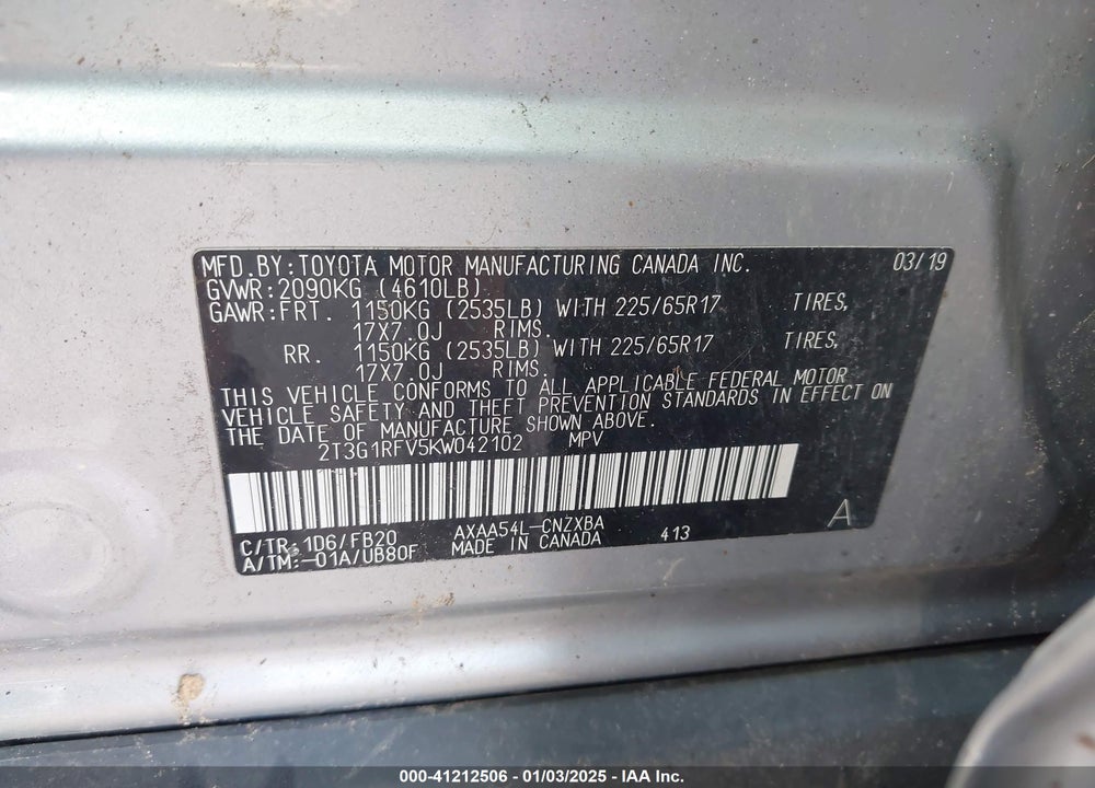 2019 TOYOTA RAV4 LE VIN: 2T3G1RFV5KW042102