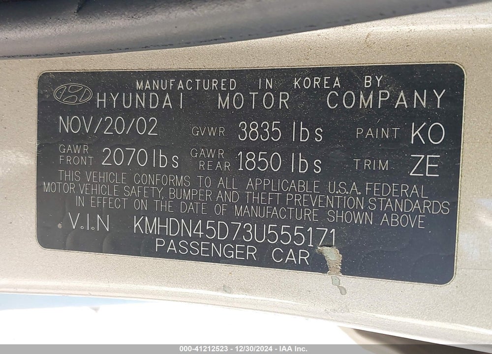 2003 HYUNDAI ELANTRA GLS/GT VIN: KMHDN45D73U555171