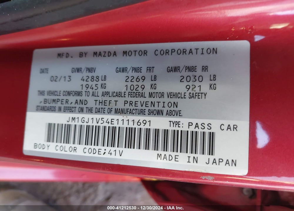 2014 MAZDA MAZDA6 VIN: JM1GJ1V54E1111691