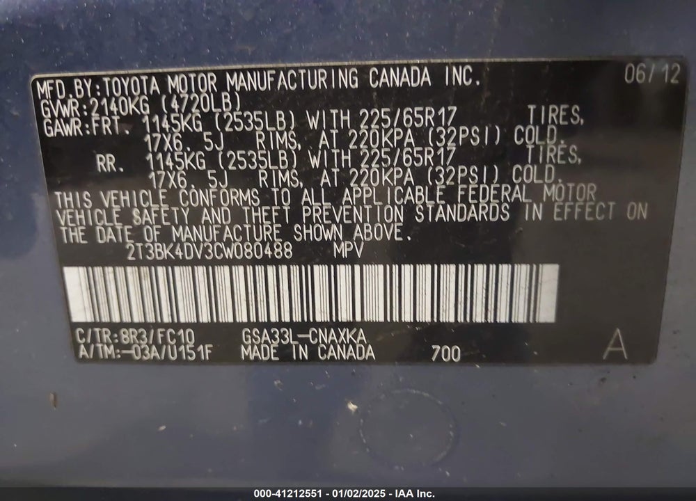 2012 TOYOTA RAV4 BASE V6 VIN: 2T3BK4DV3CW080488