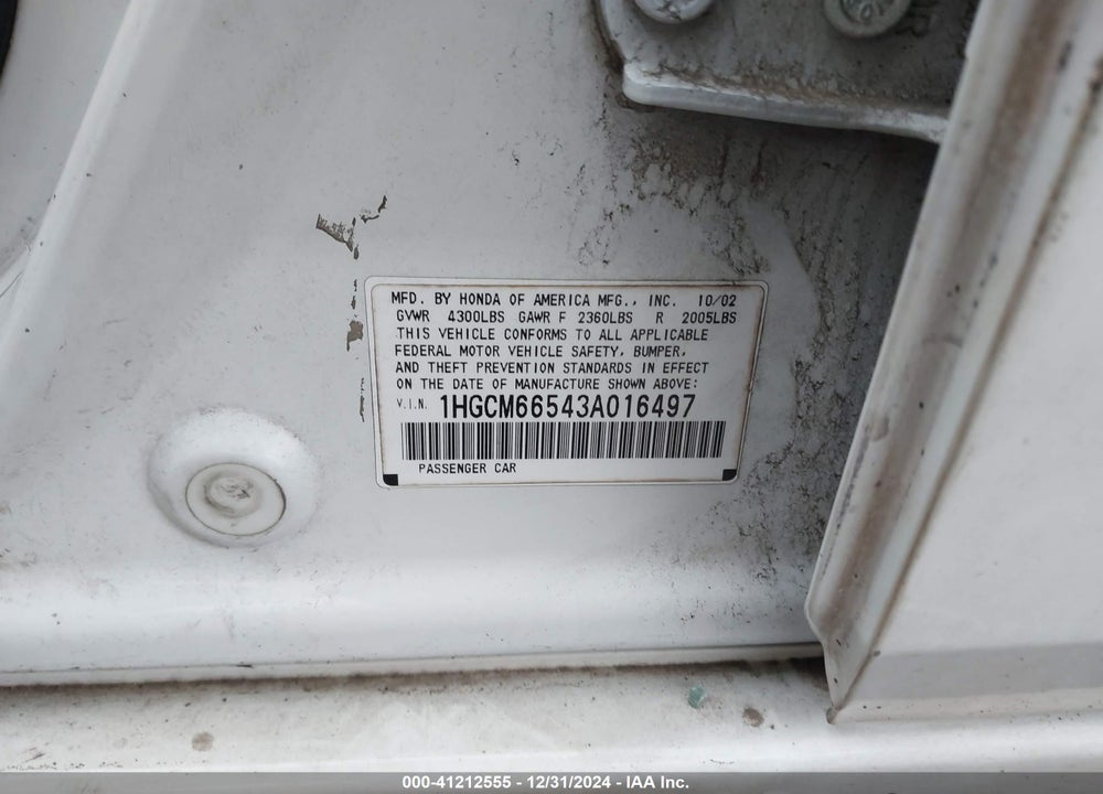 2003 HONDA ACCORD 3.0 EX VIN: 1HGCM66543A016497