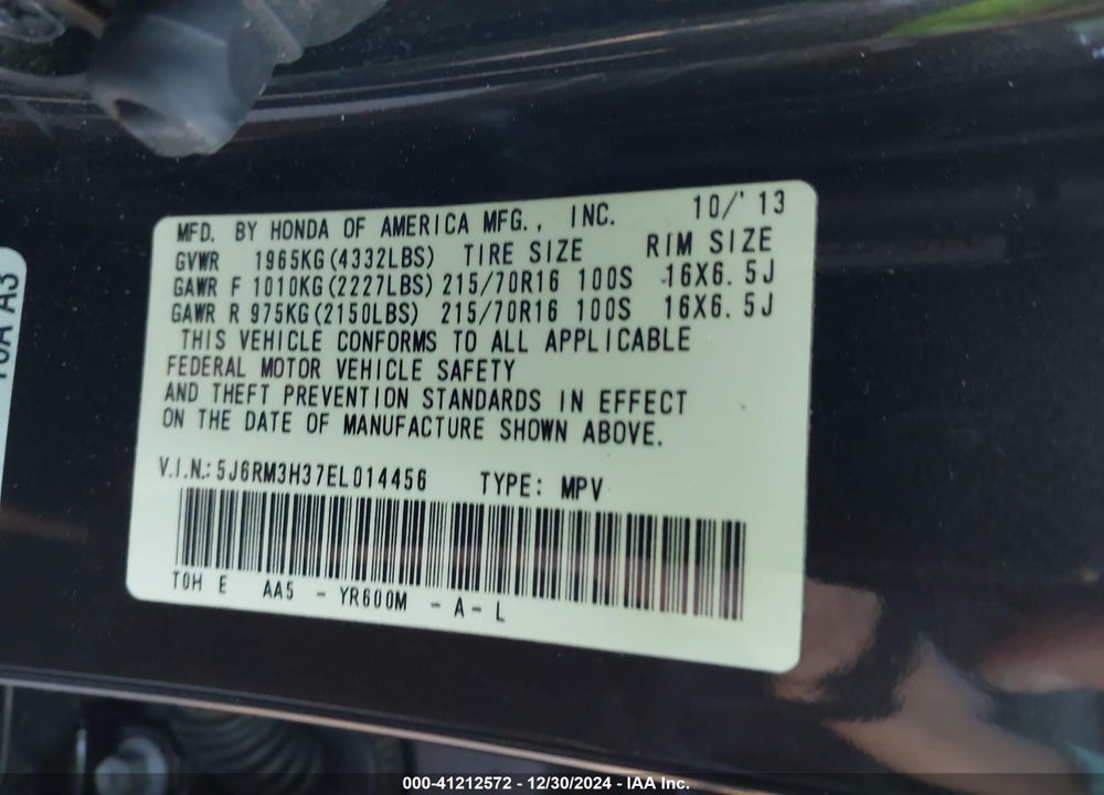 2014 HONDA CR-V VIN: 5J6RM3H37EL014456