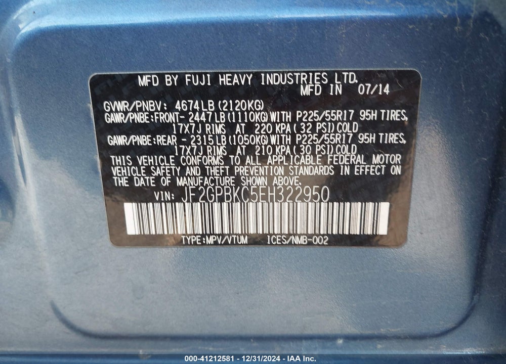 2014 SUBARU XV CROSSTREK HYBRID 2.0I TOURING VIN: JF2GPBKC5EH322950