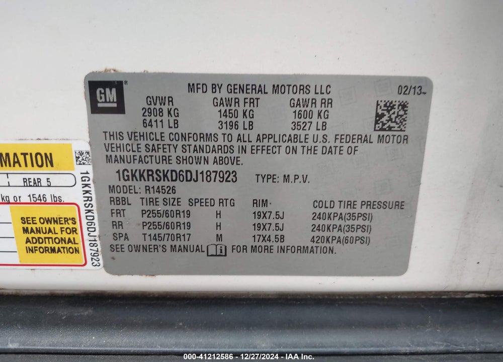 2013 GMC ACADIA SLT-2 VIN: 1GKKRSKD6DJ187923