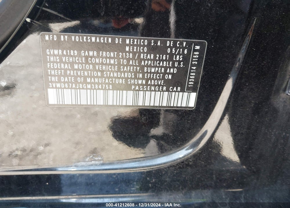2016 VOLKSWAGEN JETTA VIN: 3VWD67AJ8GM384758