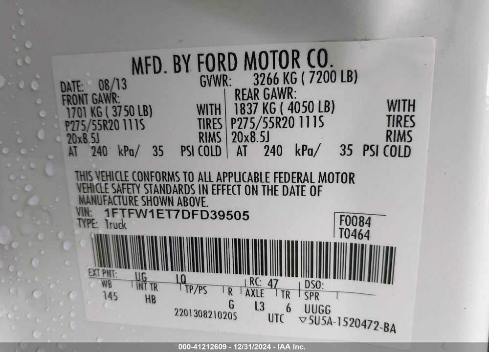 2013 FORD F-150 LARIAT VIN: 1FTFW1ET7DFD39505