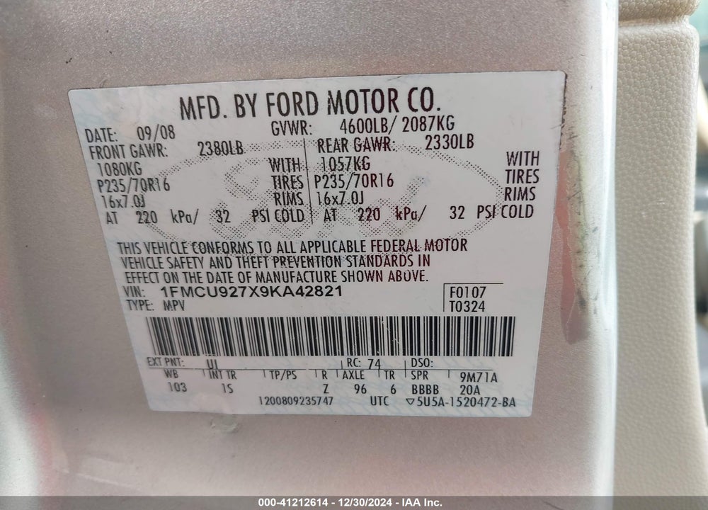 2009 FORD ESCAPE XLS VIN: 1FMCU927X9KA42821