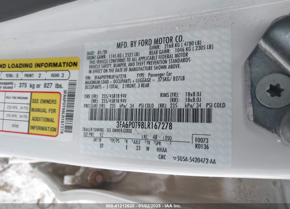 2020 FORD FUSION VIN: 3FA6P0T98LR167278