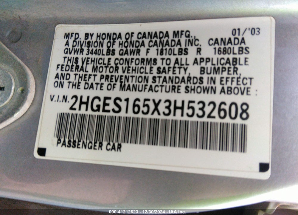2003 HONDA CIVIC LX VIN: 2HGES165X3H532608
