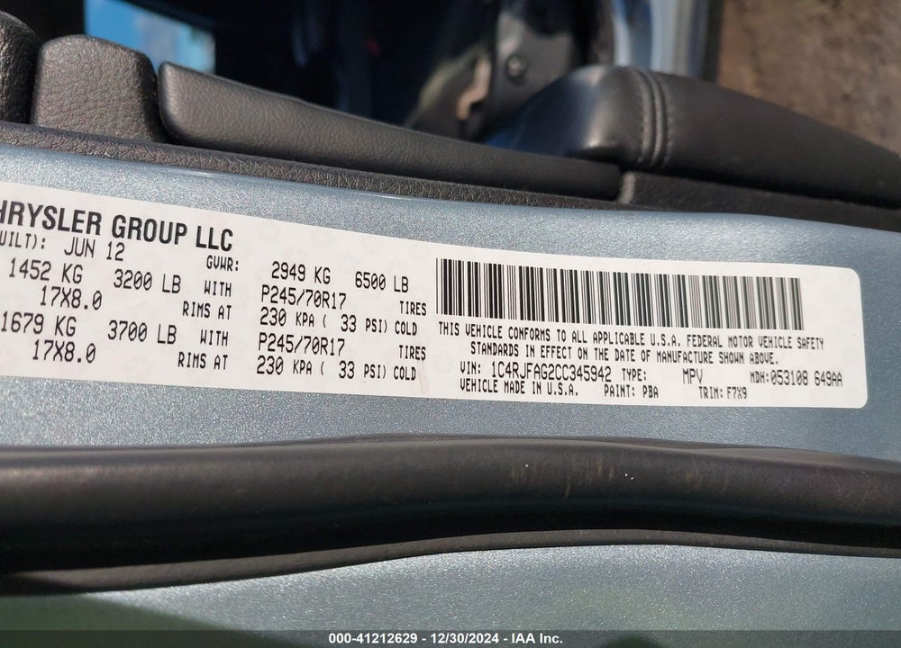 2012 JEEP GRAND CHEROKEE LAREDO VIN: 1C4RJFAG2CC345942