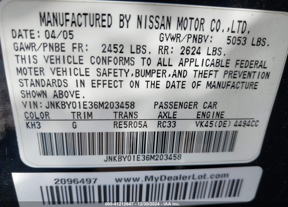 2006 INFINITI M45 SPORT VIN: JNKBY01E36M203458