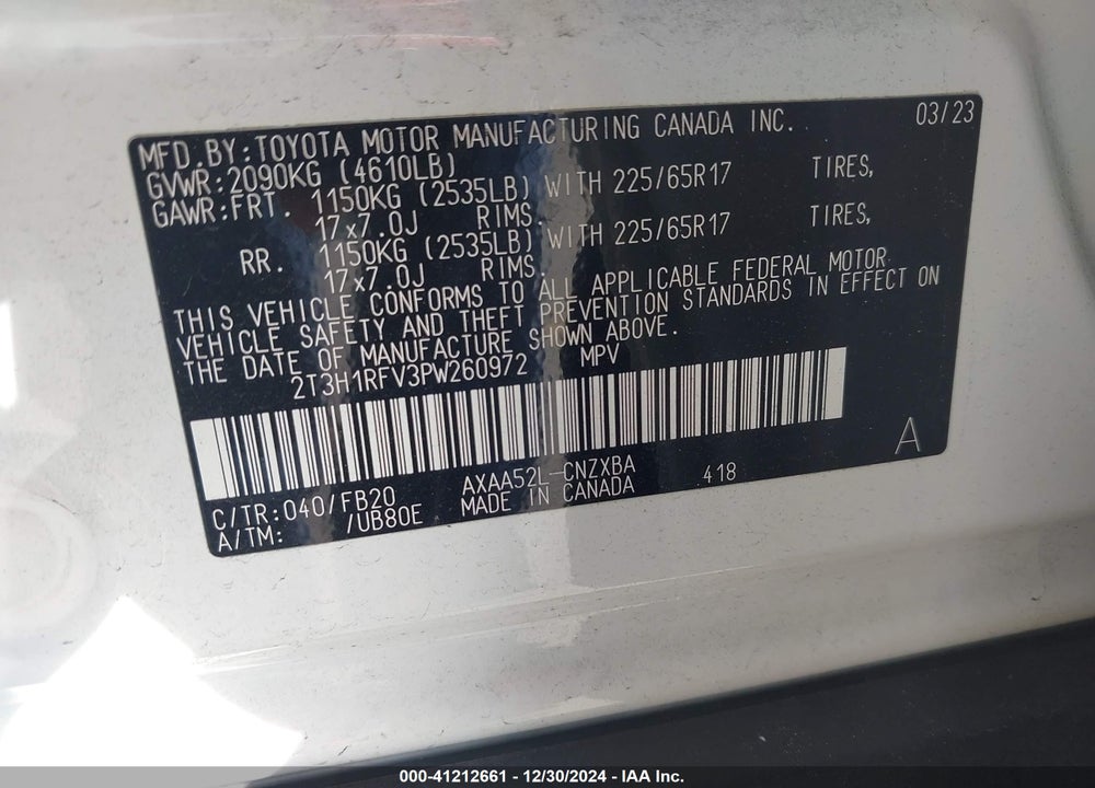 2023 TOYOTA RAV4 VIN: 2T3H1RFV3PW260972
