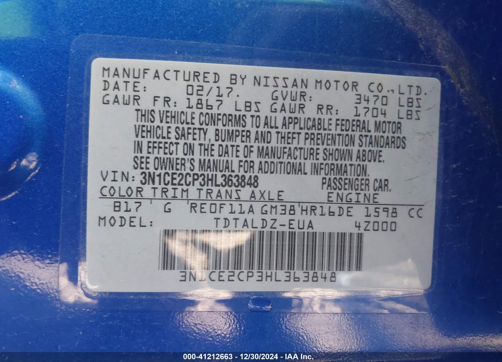 2017 NISSAN VERSA NOTE VIN: 3N1CE2CP3HL363848