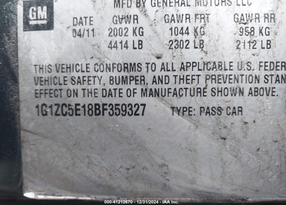 2011 CHEVROLET MALIBU 1LT VIN: 1G1ZC5E18BF359327