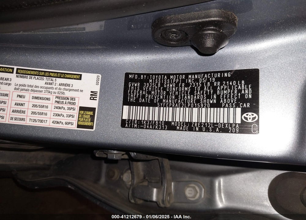 2020 TOYOTA COROLLA LE VIN: 5YFEPRAE2LP015920