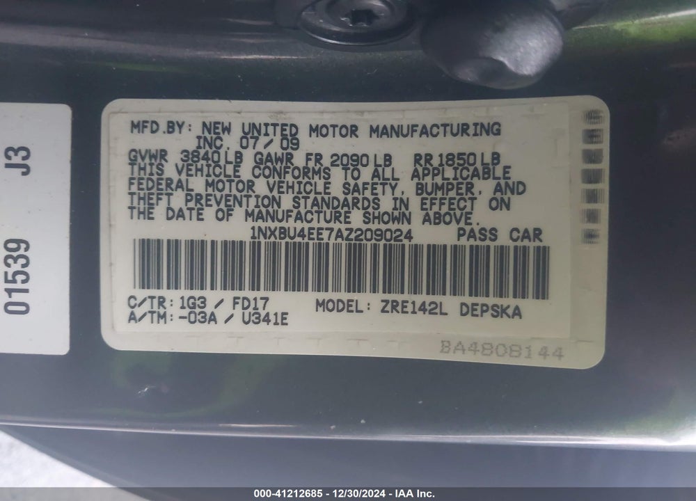2010 TOYOTA COROLLA S VIN: 1NXBU4EE7AZ209024