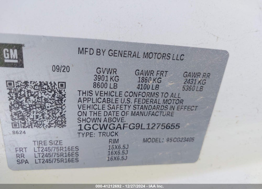 2020 CHEVROLET EXPRESS CARGO RWD 2500 REGULAR WHEELBASE WT VIN: 1GCWGAFG9L1275655