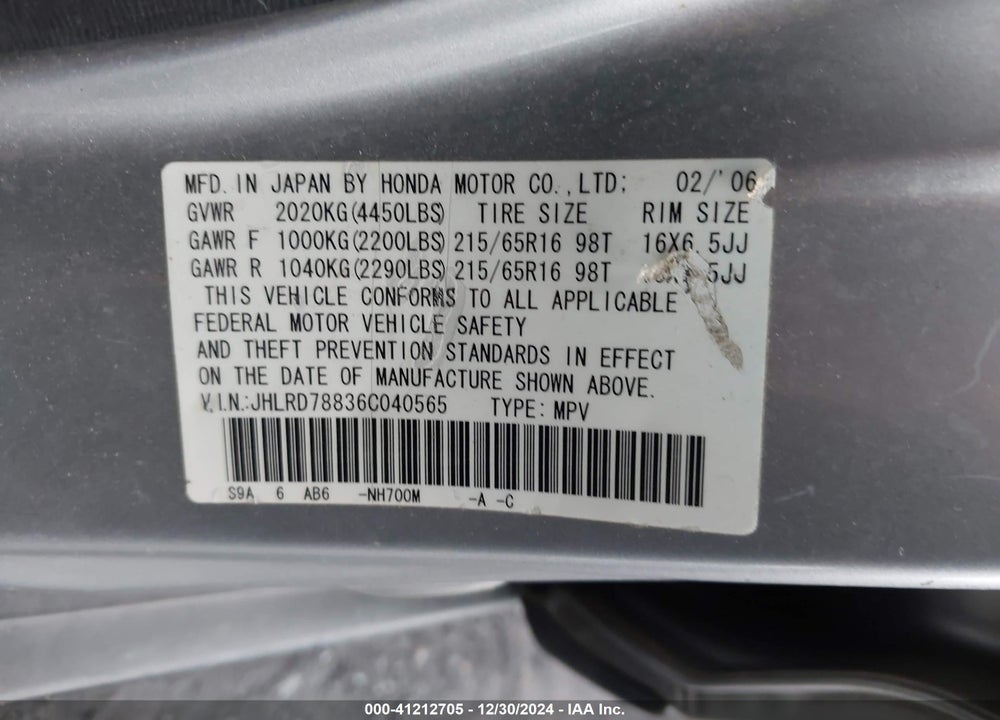 2006 HONDA CR-V EX VIN: JHLRD78836C040565