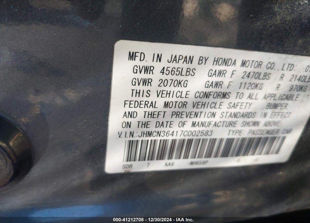 2007 HONDA ACCORD HYBRID VIN: JHMCN36417C002583