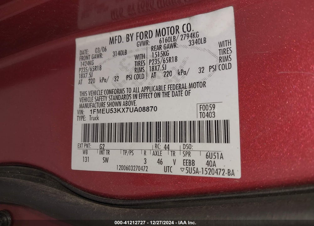 2007 FORD EXPLORER SPORT TRAC LIMITED VIN: 1FMEU53KX7UA08870