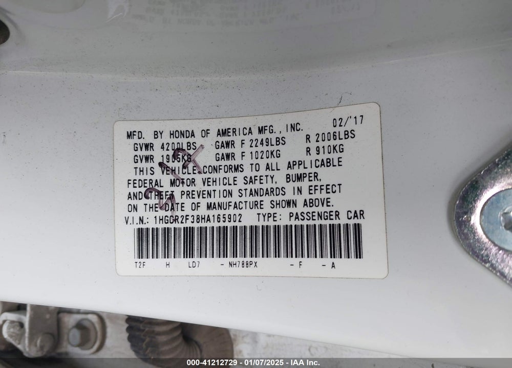 2017 HONDA ACCORD LX VIN: 1HGCR2F38HA165902