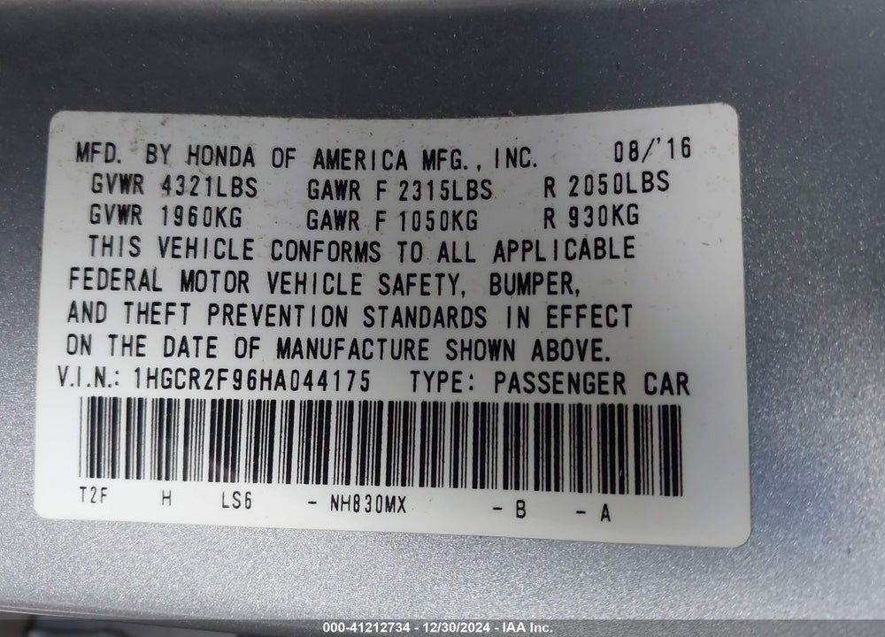 2017 HONDA ACCORD EX-L VIN: 1HGCR2F96HA044175