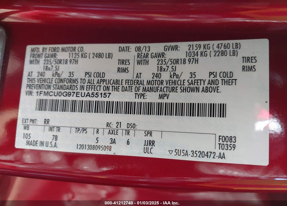 2014 FORD ESCAPE SE VIN: 1FMCU0G97EUA55157