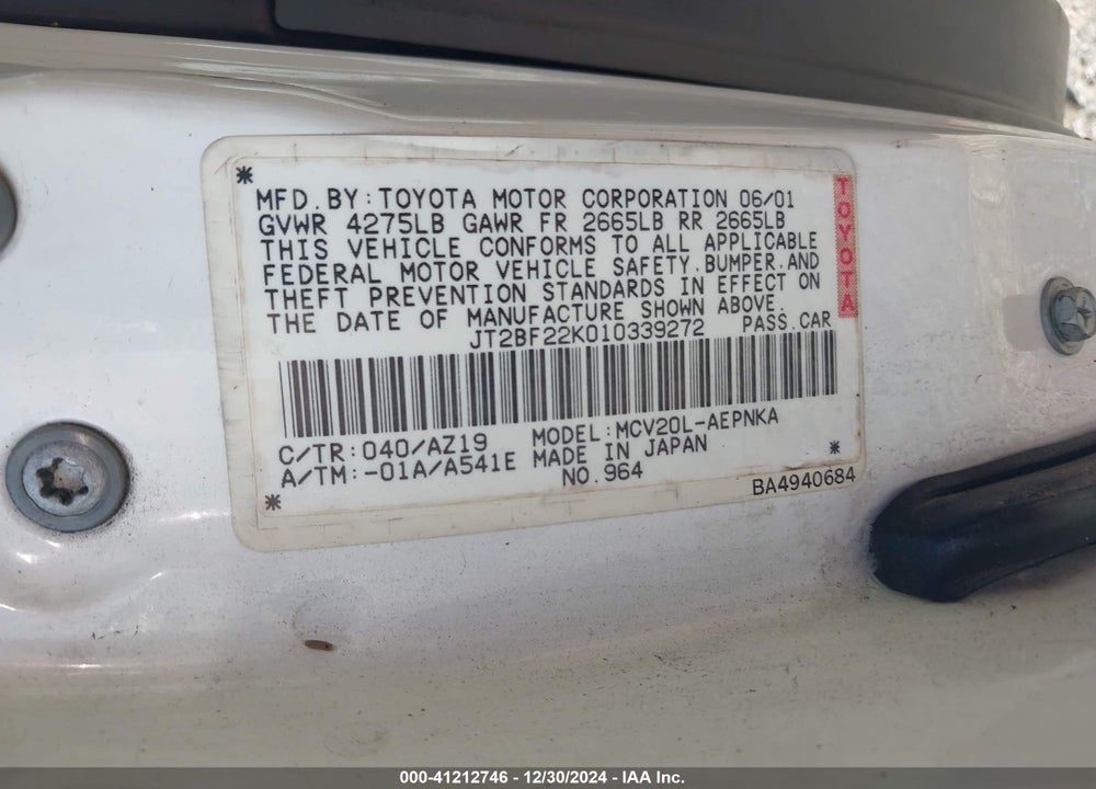 2001 TOYOTA CAMRY VIN: 1T2BF22K010339272