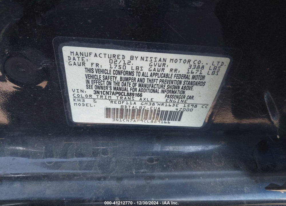 2012 NISSAN VERSA 1.6 SV VIN: 3N1CN7AP9CL889166