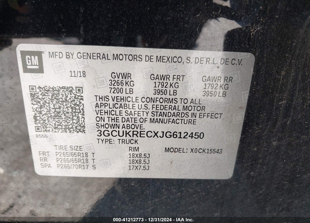 2018 CHEVROLET SILVERADO 1500 1LT VIN: 3GCUKRECXJG612450