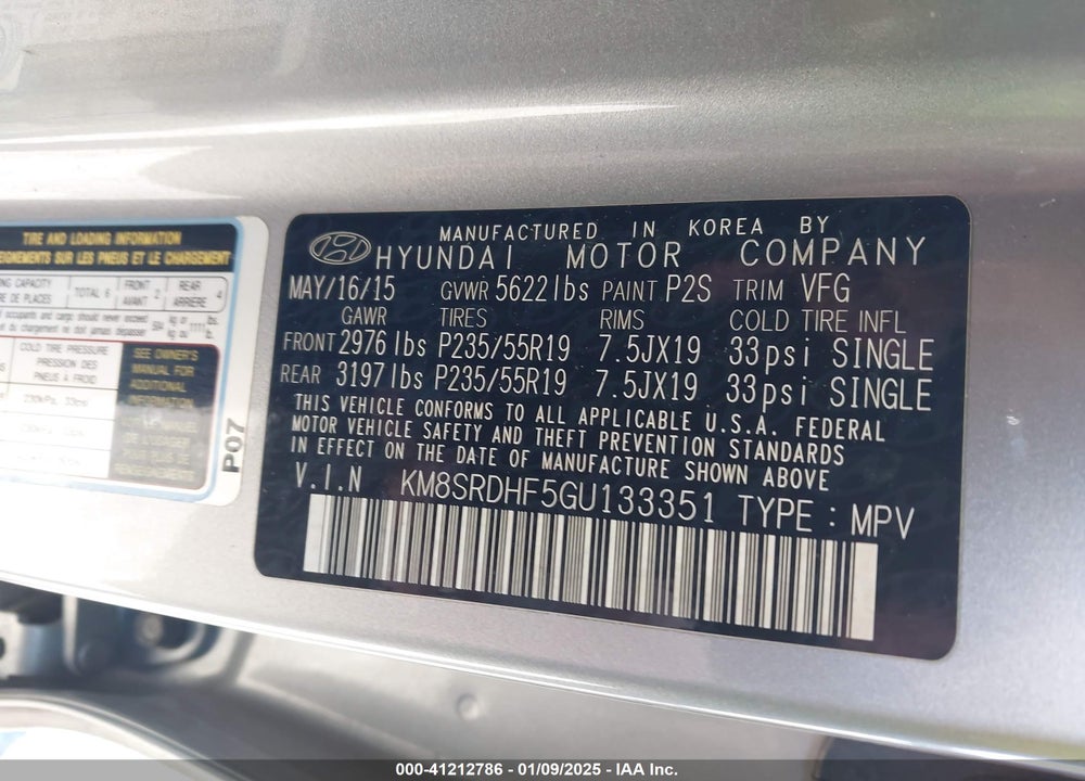2016 HYUNDAI SANTA FE LIMITED VIN: KM8SRDHF5GU133351
