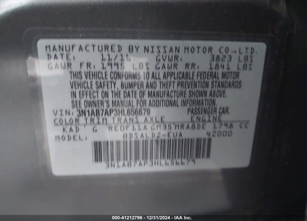 2017 NISSAN SENTRA SV VIN: 3N1AB7AP3HL656679