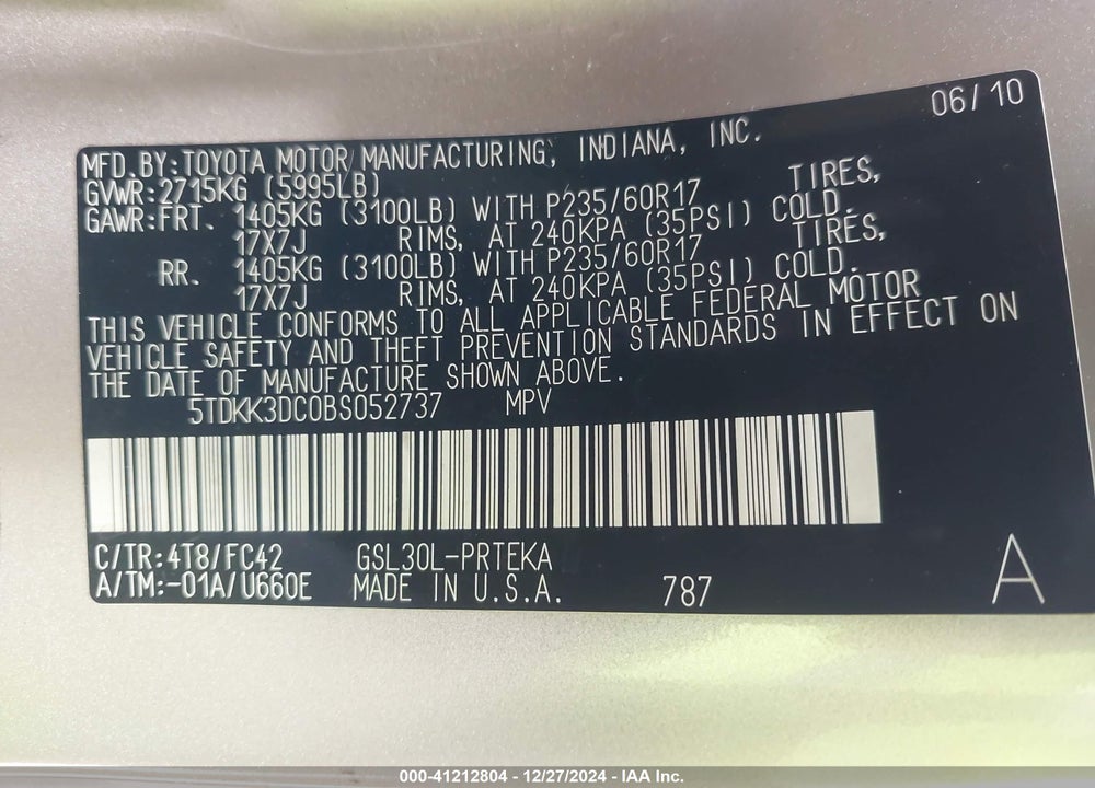 2011 TOYOTA SIENNA LE V6 VIN: 5TDKK3DC0BS052737