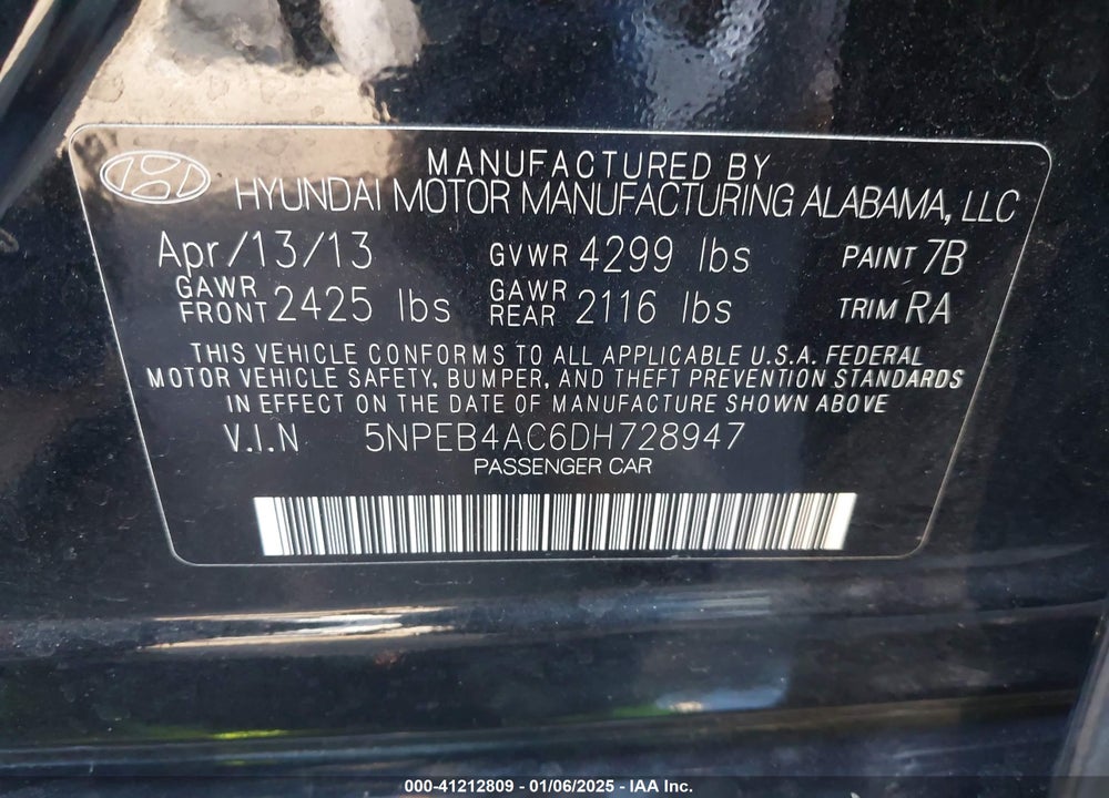 2013 HYUNDAI SONATA GLS VIN: 5NPEB4AC6DH728947