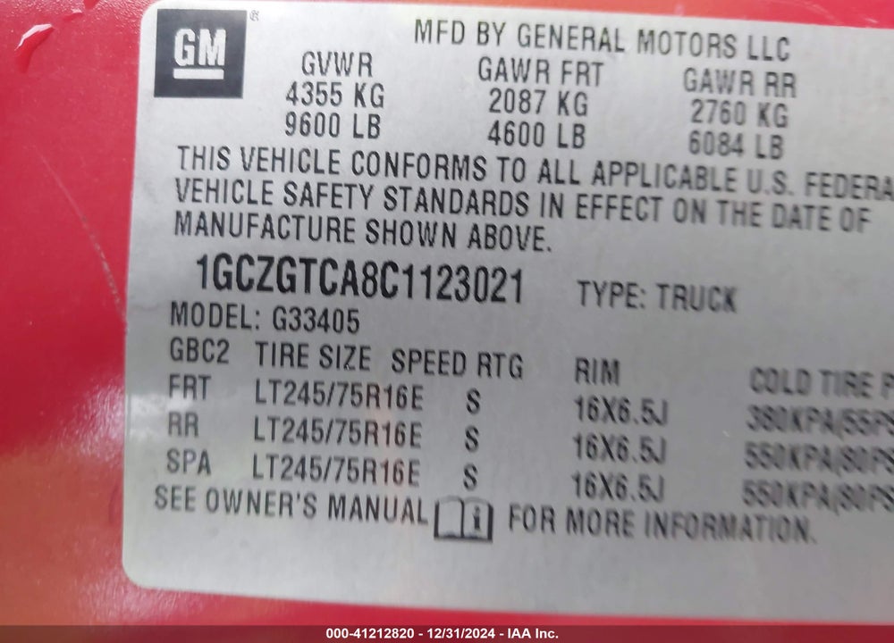 2012 CHEVROLET EXPRESS 3500 WORK VAN VIN: 1GCZGTCA8C1123021