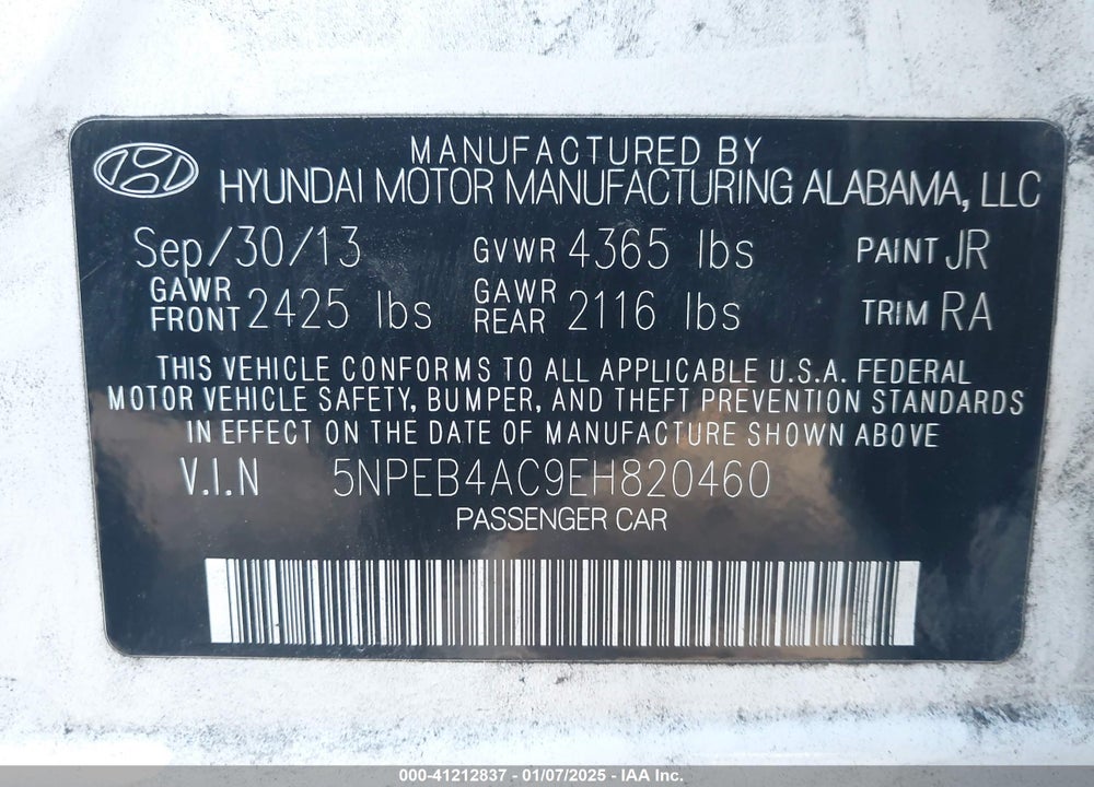 2014 HYUNDAI SONATA VIN: 5NPEB4AC9EH820460