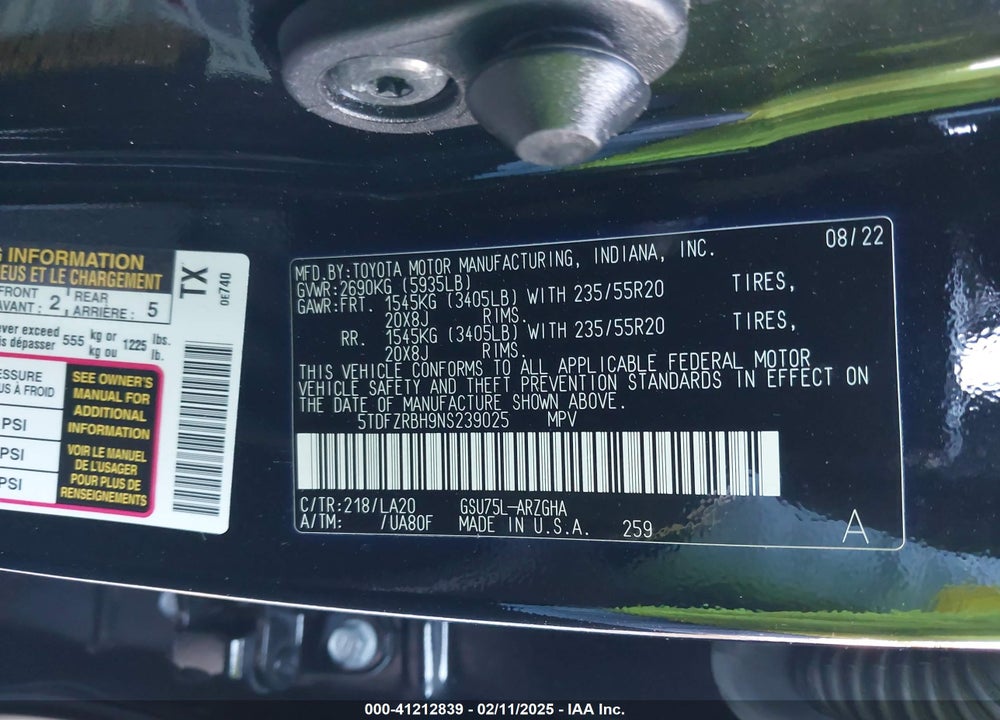 2022 TOYOTA HIGHLANDER VIN: 5TDFZRBH9NS239025