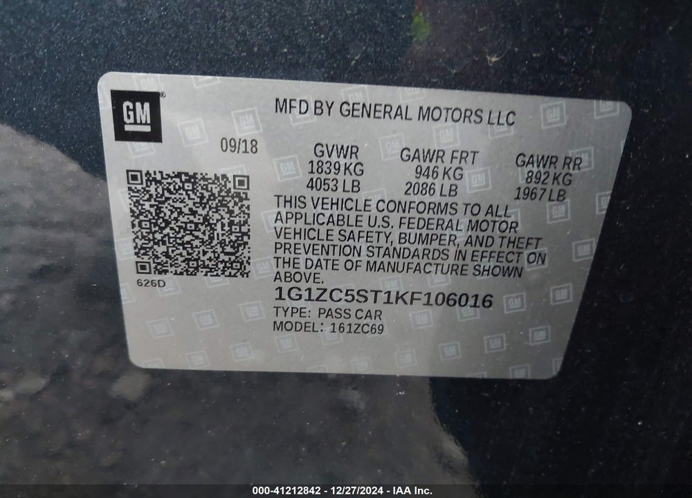 2019 CHEVROLET MALIBU VIN: 1G1ZC5ST1KF106016