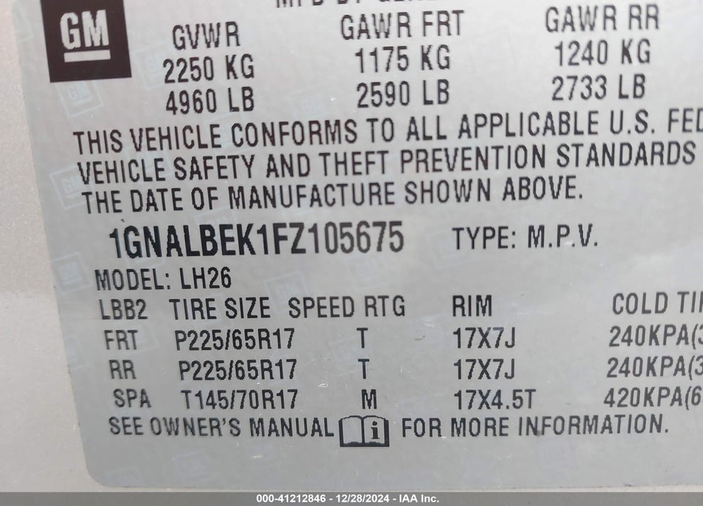 2015 CHEVROLET EQUINOX 1LT VIN: 1GNALBEK1FZ105675
