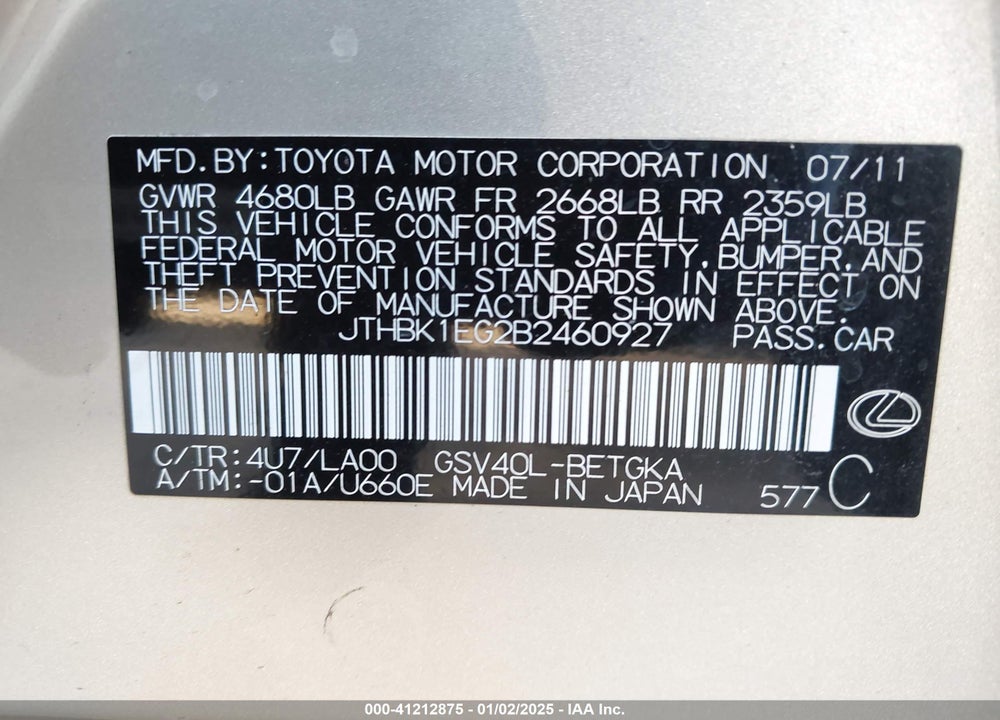 2011 LEXUS ES 350 VIN: JTHBK1EG2B2460927