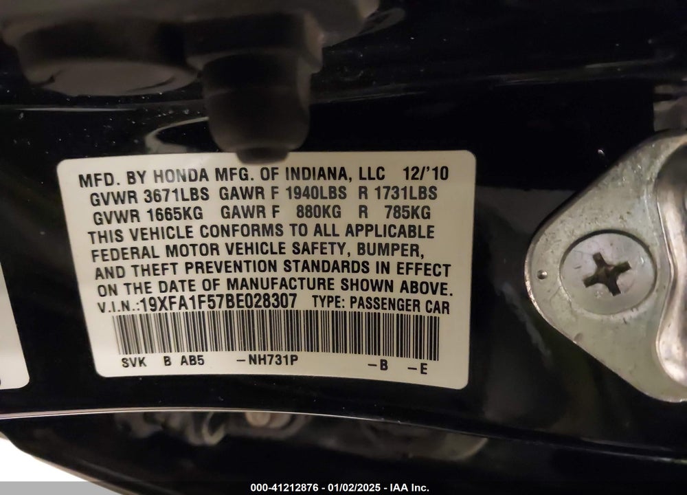 2011 HONDA CIVIC LX VIN: 19XFA1F57BE028307